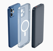 Magnetic Wireless Power Bank alongside iPhone 12 case, showcasing compatibility and design.