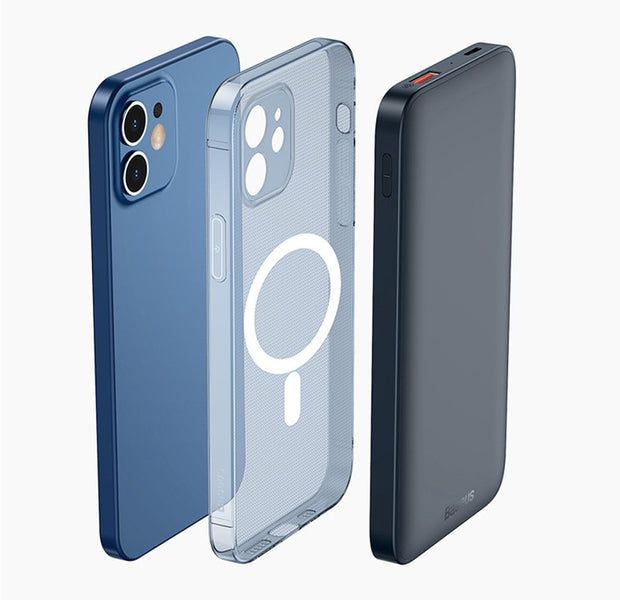 Magnetic Wireless Power Bank alongside iPhone 12 case, showcasing compatibility and design.