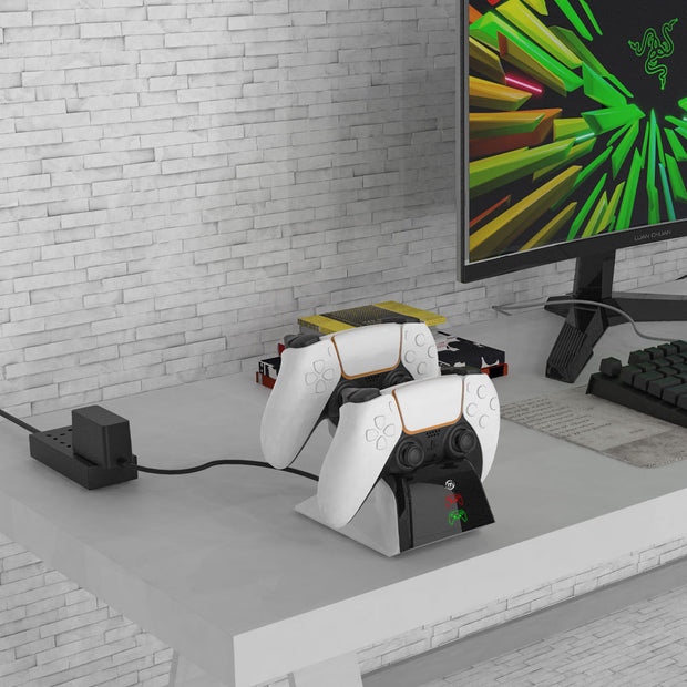 SEO OPTIMIZATION PS5 gamepad dual charger with controllers docked on a modern desk next to a monitor.