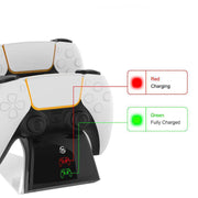 SEO OPTIMIZATION PS5 gamepad dual charger showing charging LED indicators for red and green.
