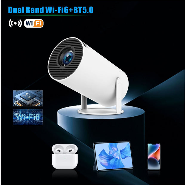  HY300 Pro Projector with Dual Band Wi-Fi 6 and Bluetooth 5.0, compatible with various devices.