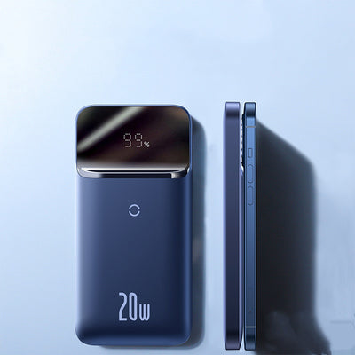 Magnetic Wireless Power Bank with digital display, compatible with iPhone models, 20W output.
