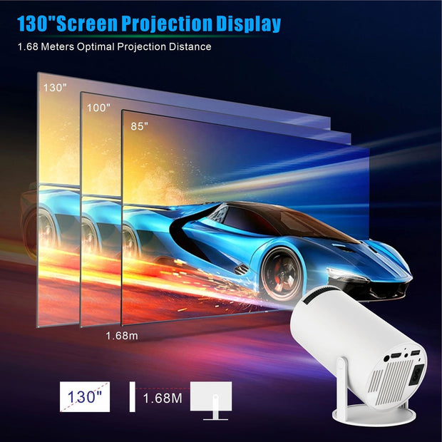  HY300 Pro Projector showcasing 130" screen projection display with 1.68 meters optimal projection distance.