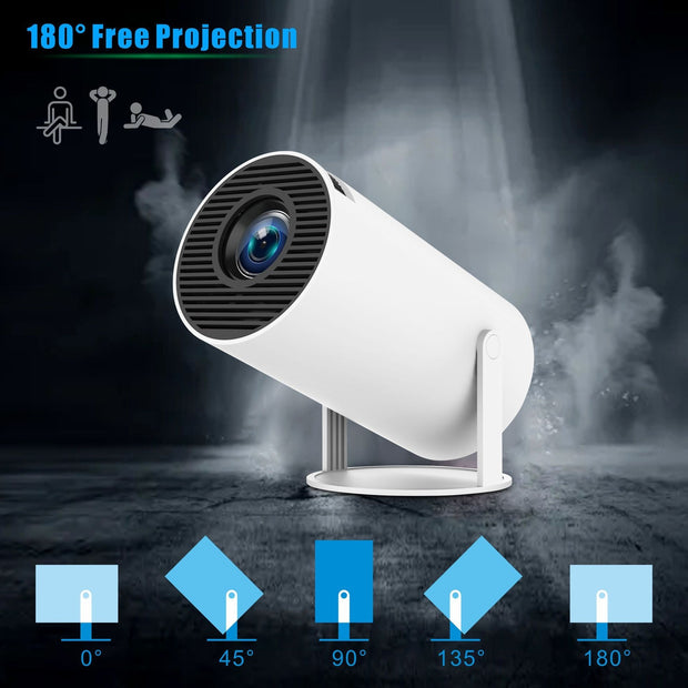HY300 Pro Projector showcasing 180° free projection capabilities and multiple angle settings.