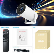 HY300 Pro Projector showcasing 180° free projection capabilities and multiple angle settings.