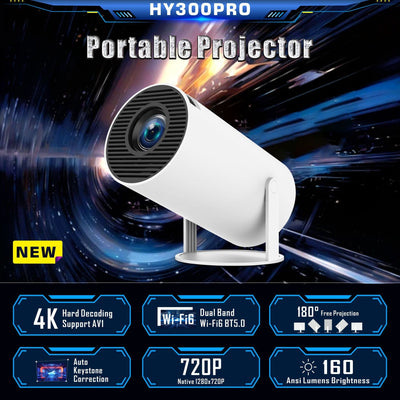 HY300 Pro Projector showcasing 4K support, dual-band Wi-Fi, and 720P resolution.